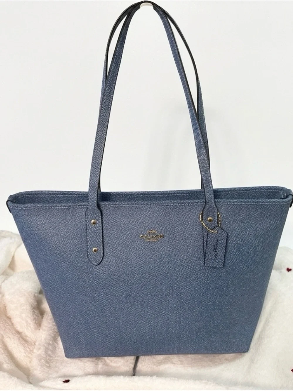 Coach Denim Blue Saffiano Tote with Gold Hardware